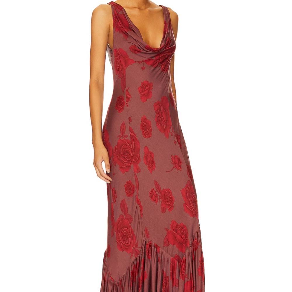 Free People Burgundy Maxi Dress with Red Rose Print